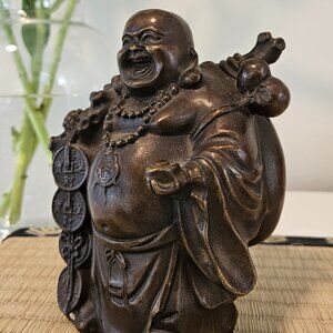 Copper Zen Happy Laugh Maitreya Buddha Prosperity Wealth Statue H 6.5"
